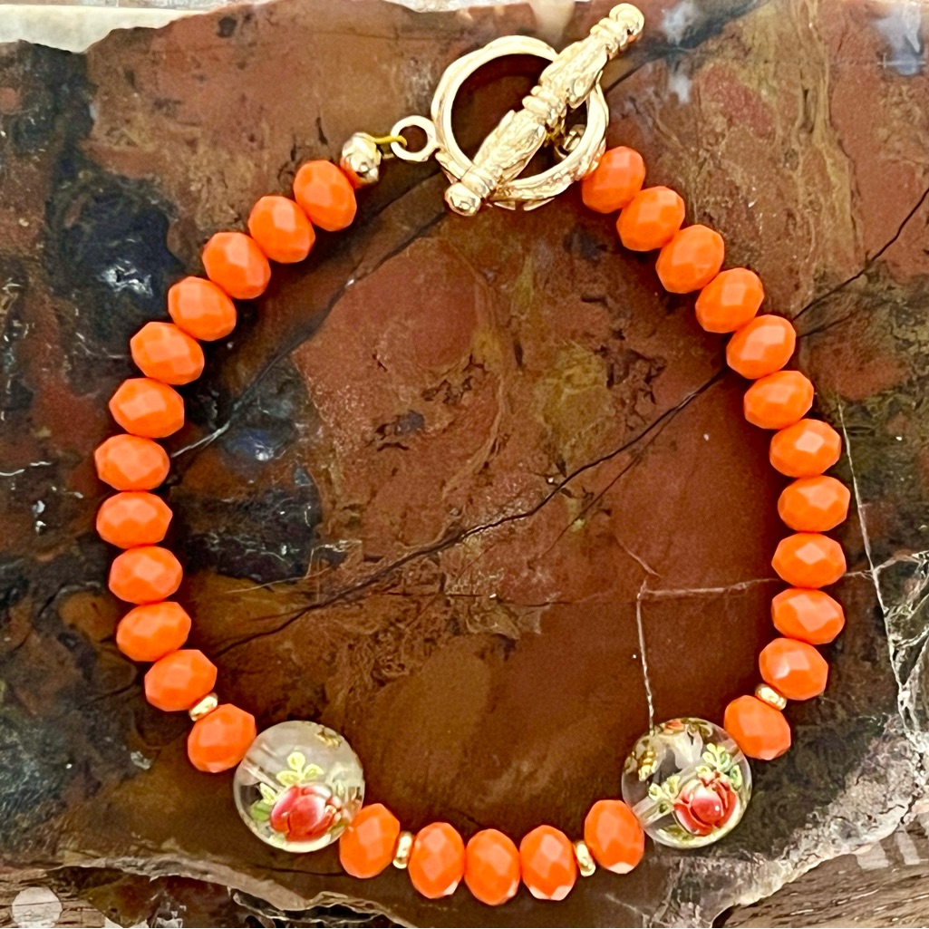 New Beautiful Orange Floral Glass Lampwork Beaded Bracelet With Toggle Clasp
